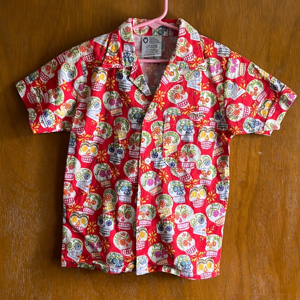 San Miguel Designs Skull Print Mexican Button Down Shirt Boys Size 8 EUC